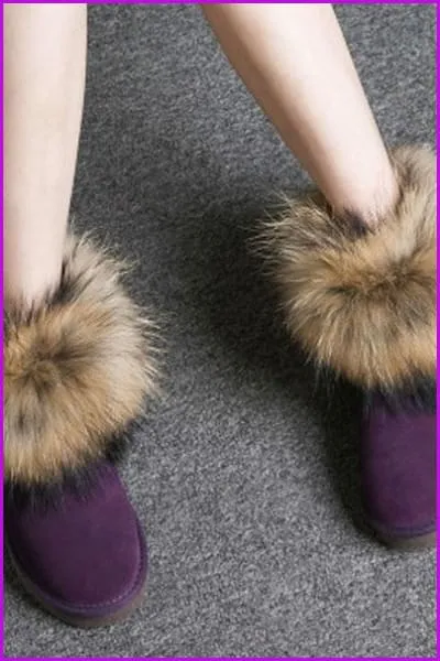 Leather Real Fox Fur Warm Black Round Toe Casual Snow Boots F1267