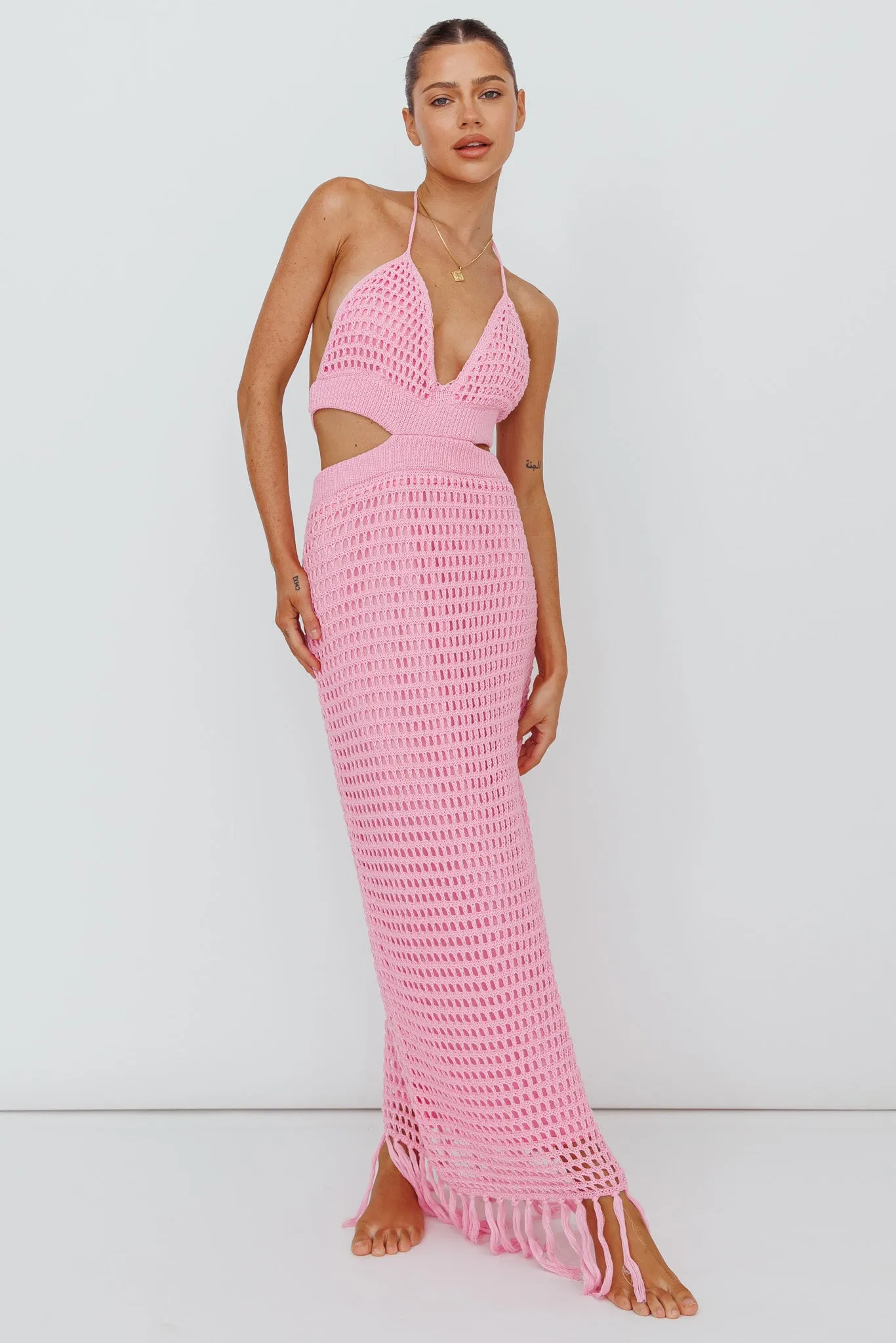 Lelei Crochet Open Back Maxi Dress Pink