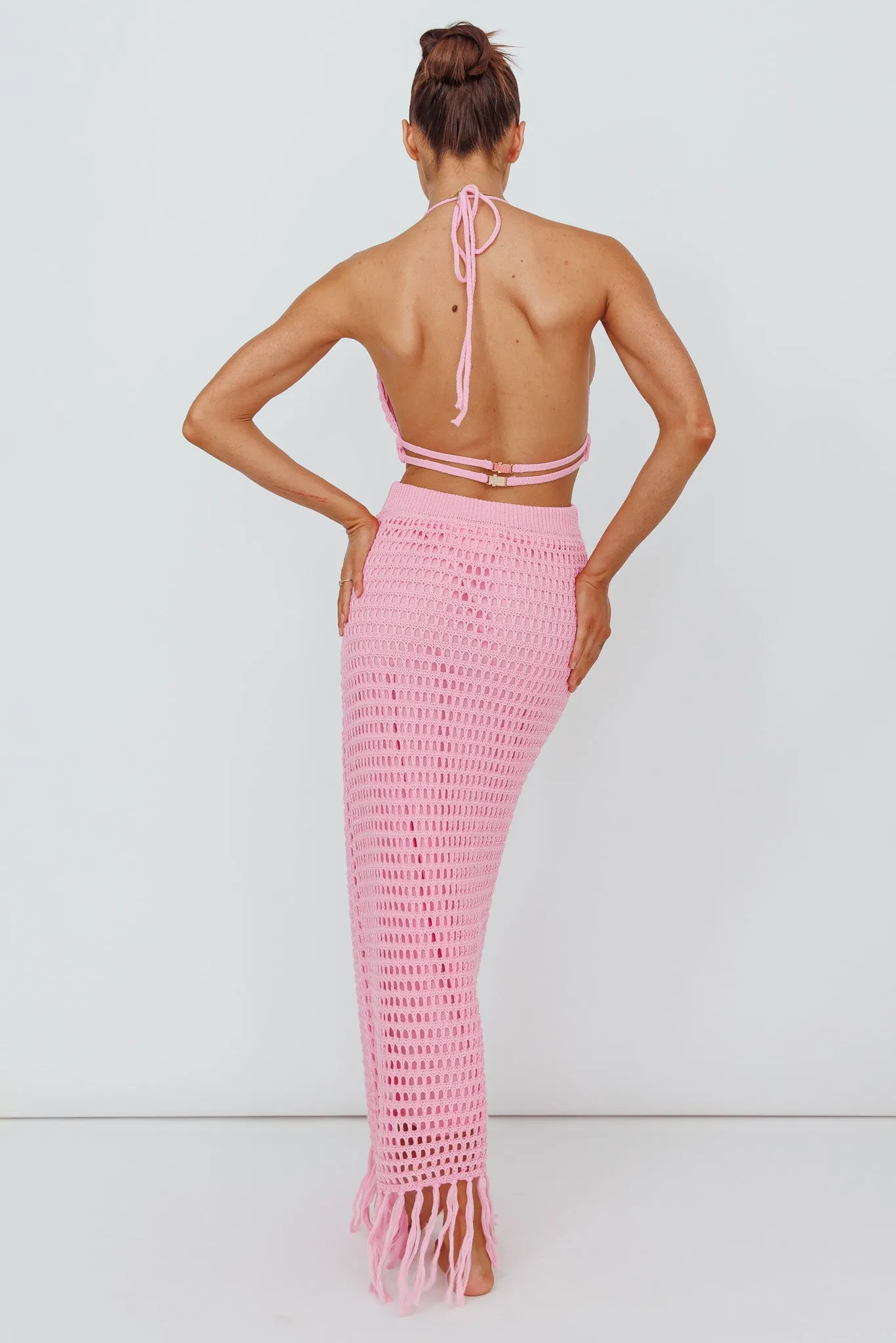 Lelei Crochet Open Back Maxi Dress Pink