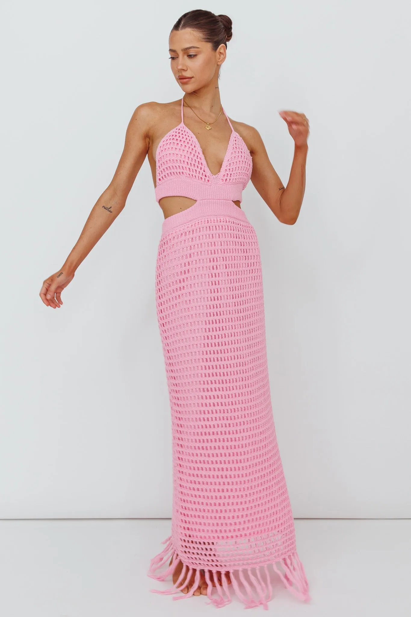 Lelei Crochet Open Back Maxi Dress Pink