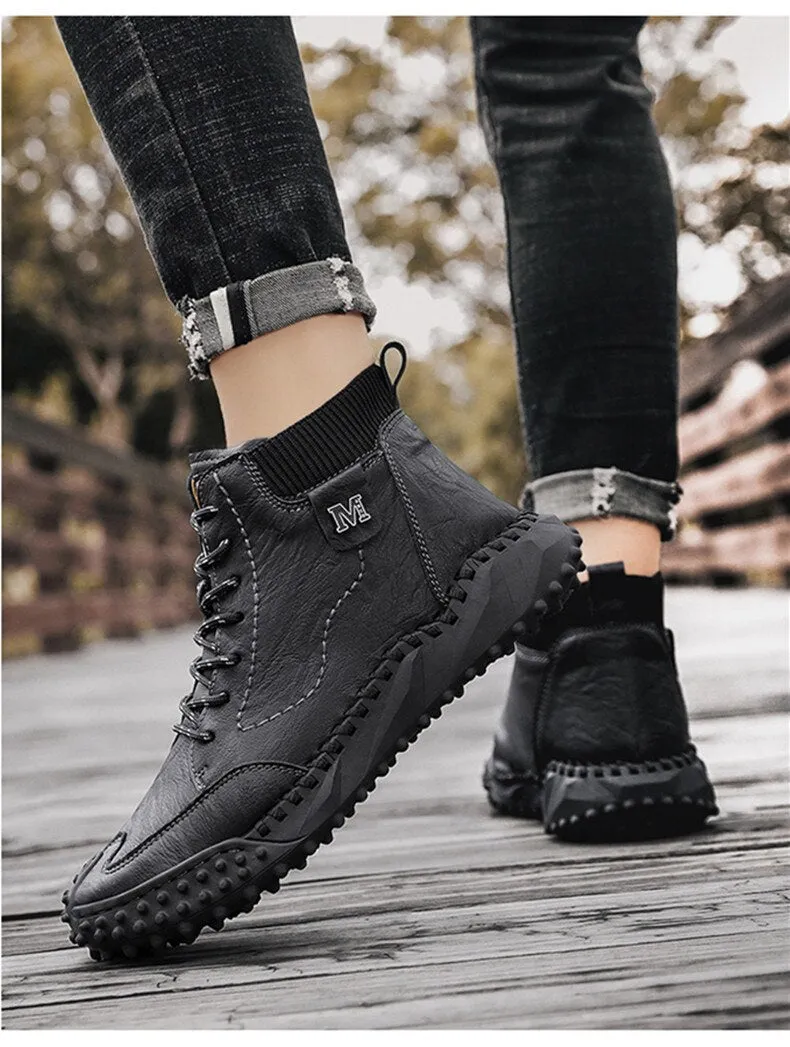 Men Ankle Boots Winter Warm Snow Boots Thick Plush Men Handmade Leather Boots Outdoor Waterproof Work Boots