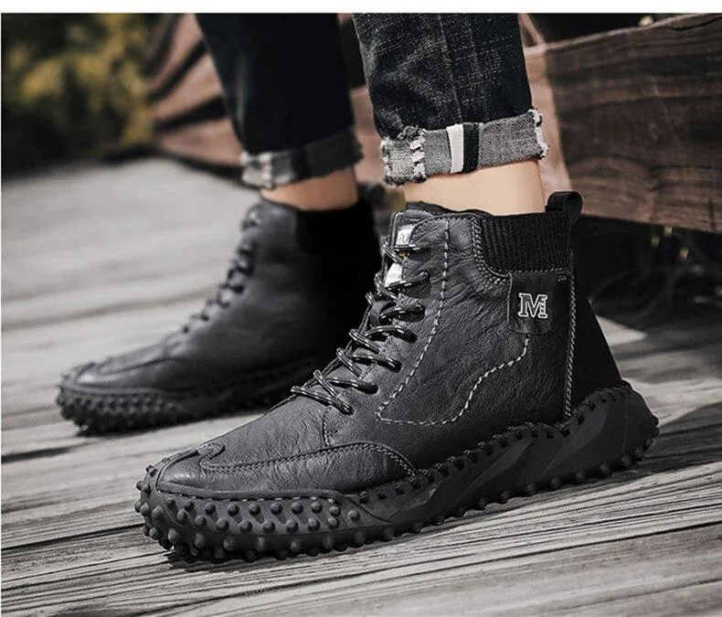 Men Ankle Boots Winter Warm Snow Boots Thick Plush Men Handmade Leather Boots Outdoor Waterproof Work Boots