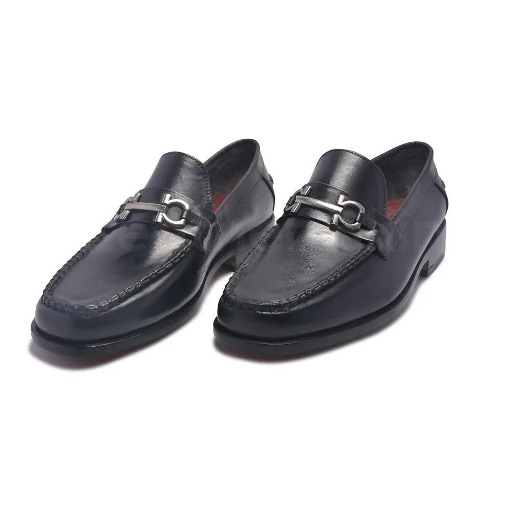 Men Black Loafer Slip-On Genuine Leather Shoes with Metal On Strap