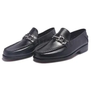 Men Black Loafer Slip-On Genuine Leather Shoes with Metal On Strap