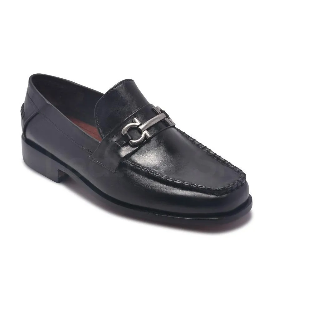 Men Black Loafer Slip-On Genuine Leather Shoes with Metal On Strap