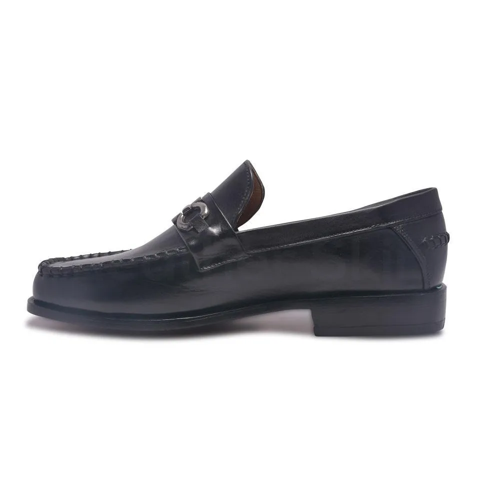 Men Black Loafer Slip-On Genuine Leather Shoes with Metal On Strap