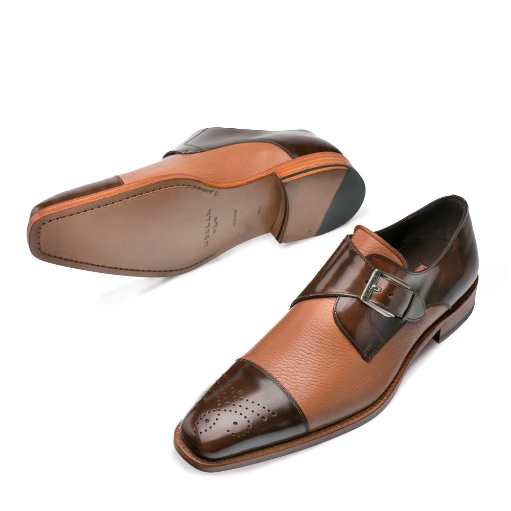 Mezlan Phoenix Blue Calfskin & Deerskin Monk Strap Loafer - Camel