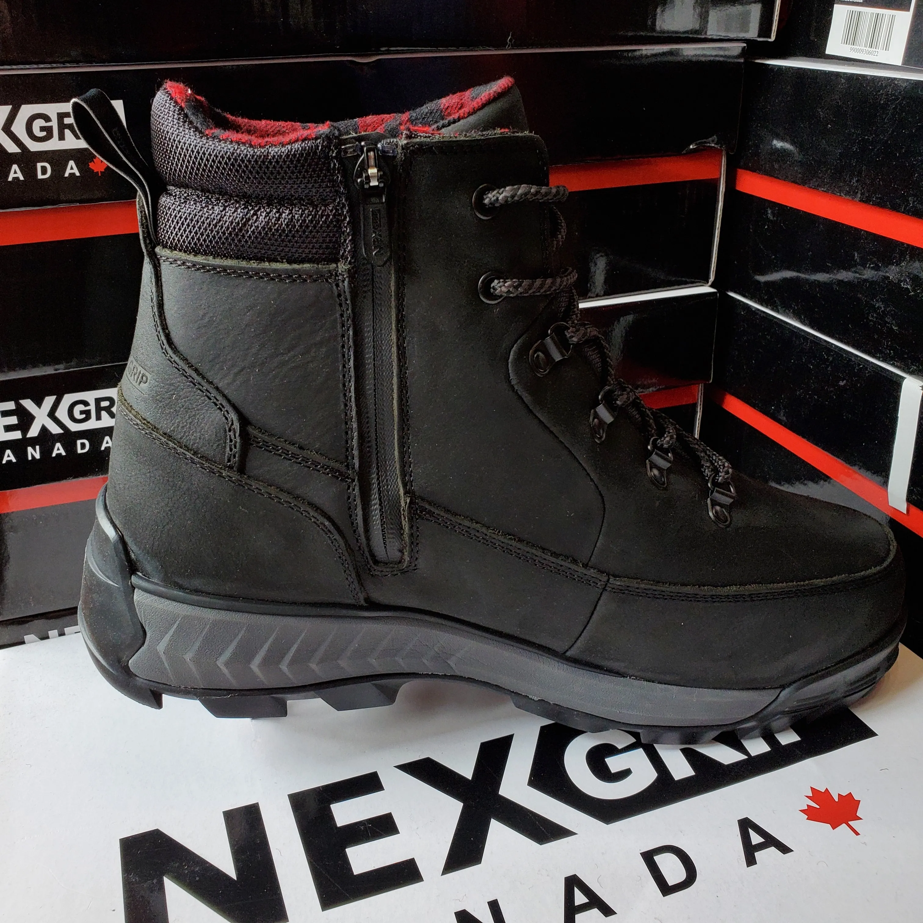 NexGrip Stone Black Leather Waterproof Mens Snow Boot with Retractable Ice Cleats NEXX