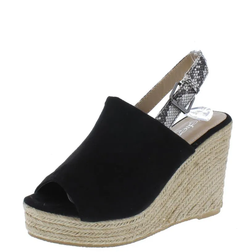 "Emory" Black Peep Toe Snake Slingback Espadrille Wedge