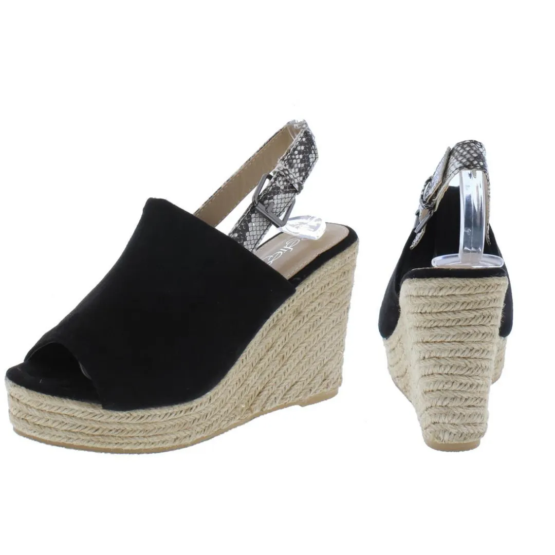 "Emory" Black Peep Toe Snake Slingback Espadrille Wedge