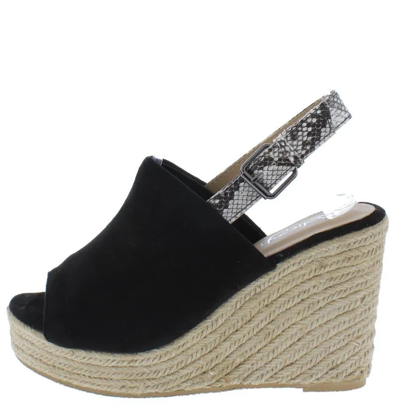 "Emory" Black Peep Toe Snake Slingback Espadrille Wedge