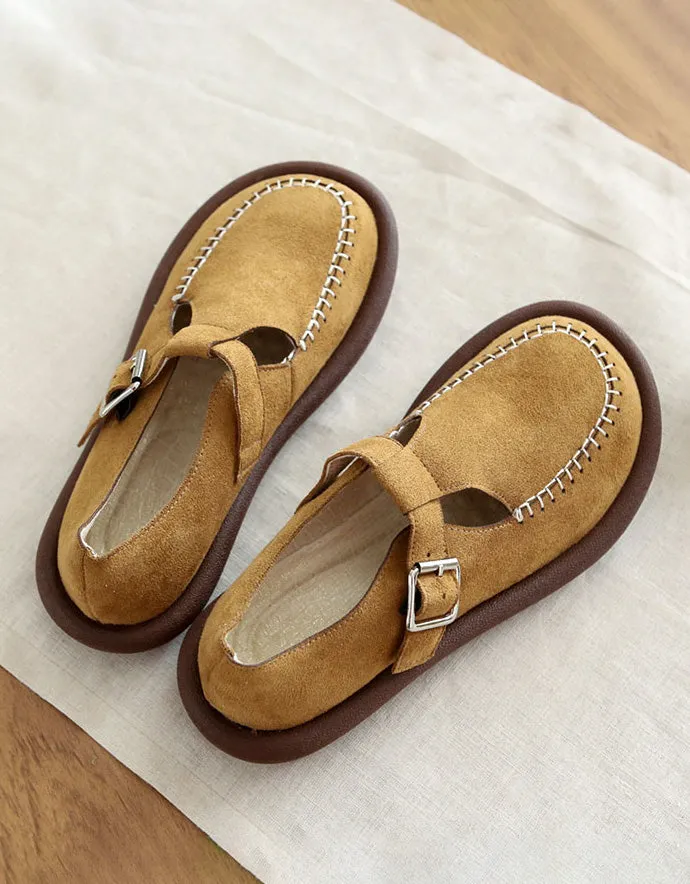 Rounded Head T-strap Suede Comfortable Loafers