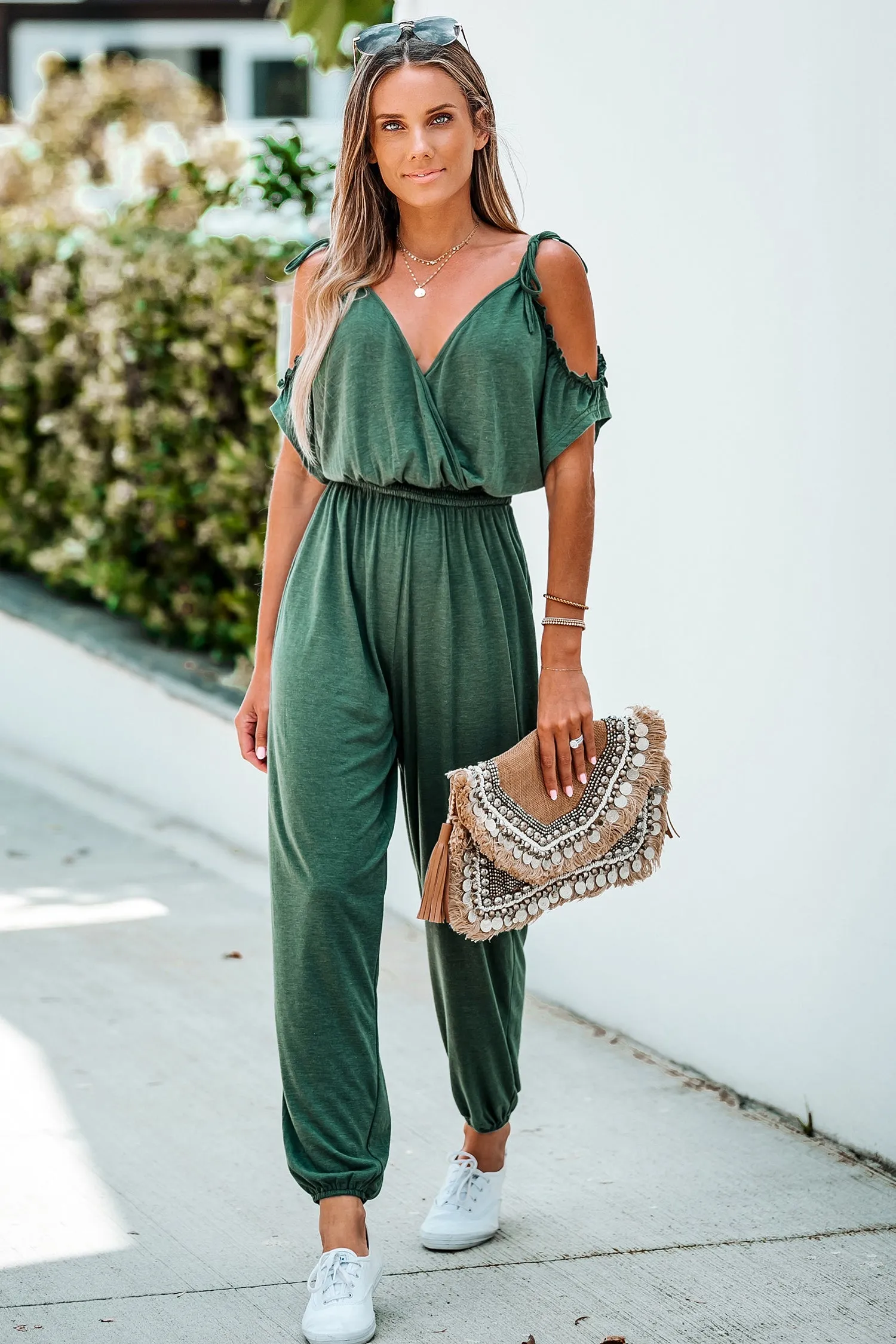 Ruched Open-Shoulder Jogger Jumpsuit