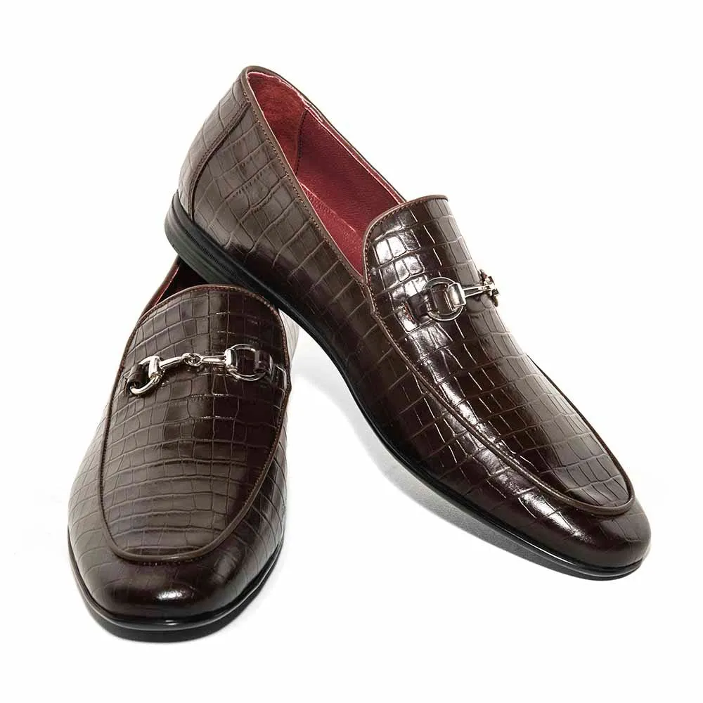 SIGOTTO UOMO Crocodile Print Brown Leather Loafer