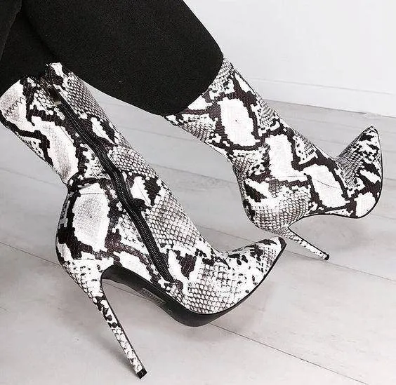 Snake Print Pointed Toe Mid-Calf Stiletto Boots