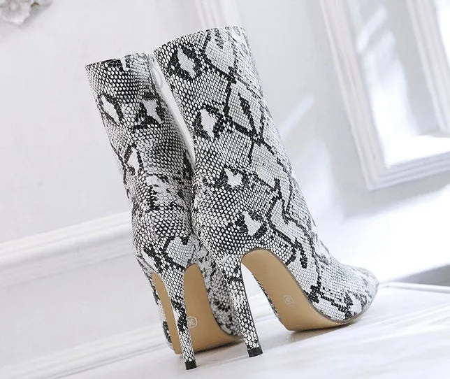 Snake Print Pointed Toe Mid-Calf Stiletto Boots