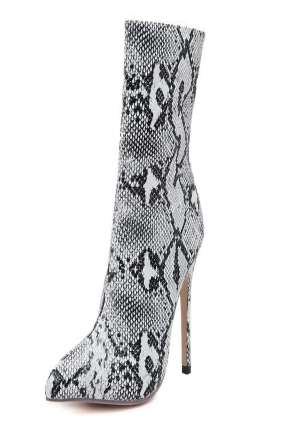 Snake Print Pointed Toe Mid-Calf Stiletto Boots