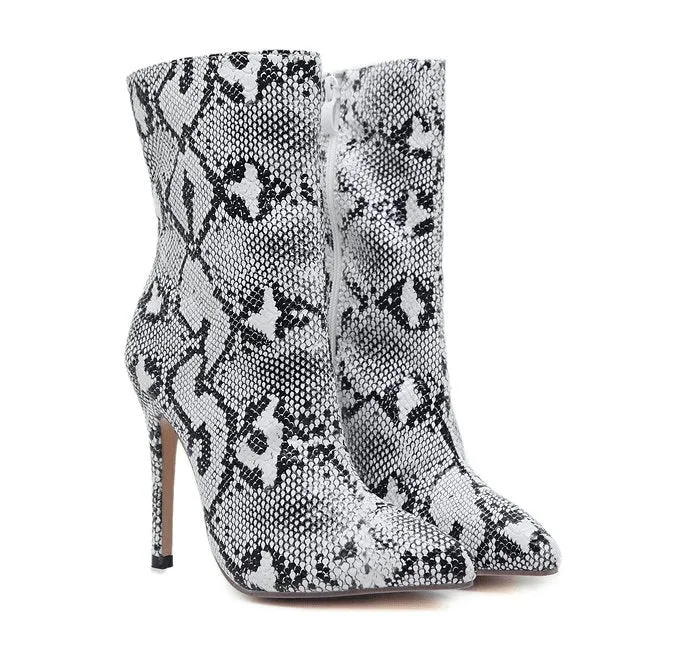 Snake Print Pointed Toe Mid-Calf Stiletto Boots