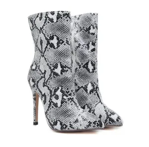 Snake Print Pointed Toe Mid-Calf Stiletto Boots