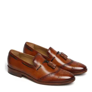 Tan Quarter Brogue Toe Tassel Leather Slip-On Shoes