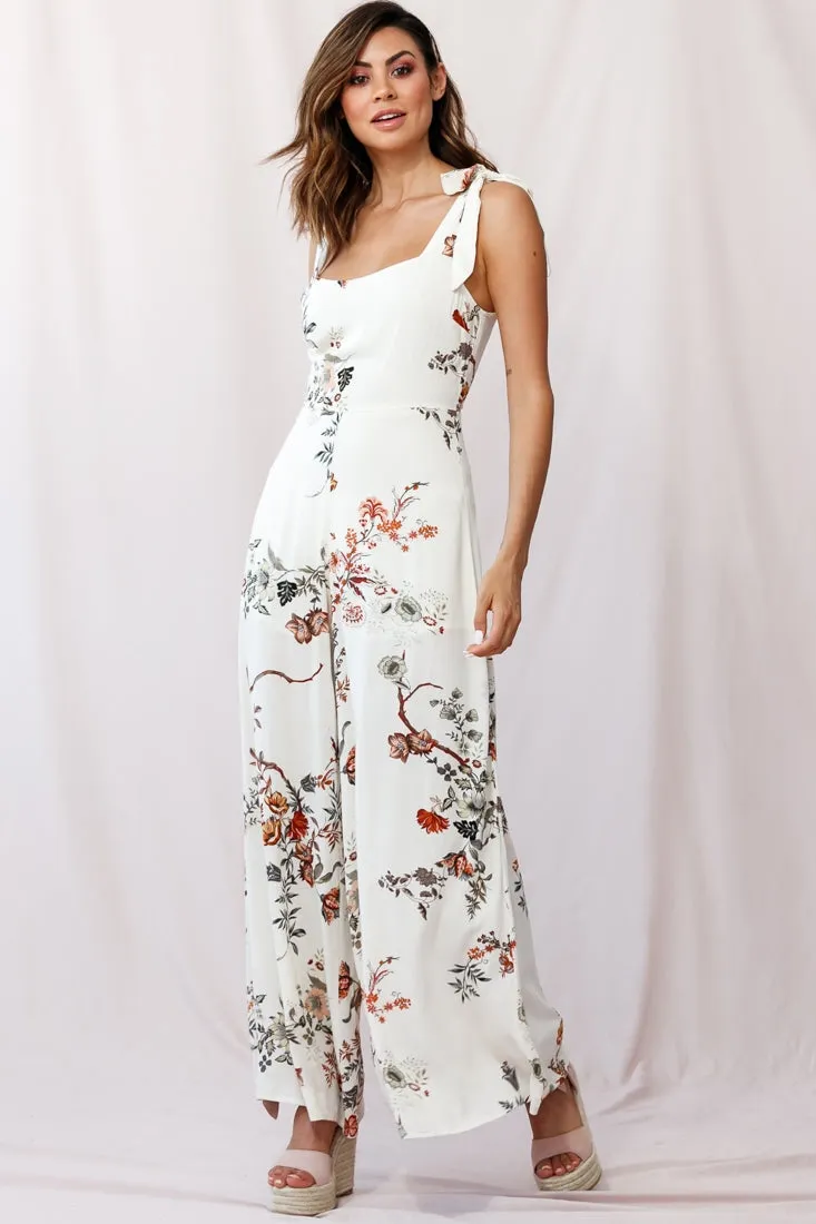 Therese Tied-Shoulder Wide Leg Jumpsuit Floral Print Beige