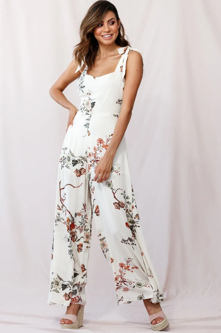 Therese Tied-Shoulder Wide Leg Jumpsuit Floral Print Beige