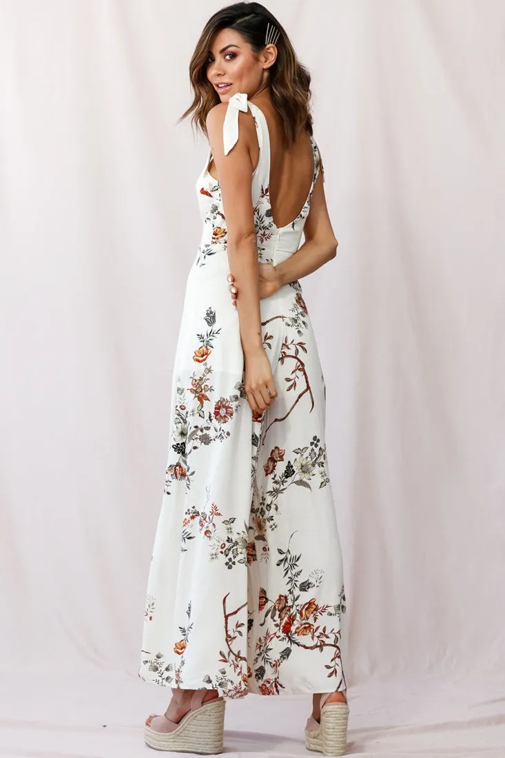 Therese Tied-Shoulder Wide Leg Jumpsuit Floral Print Beige