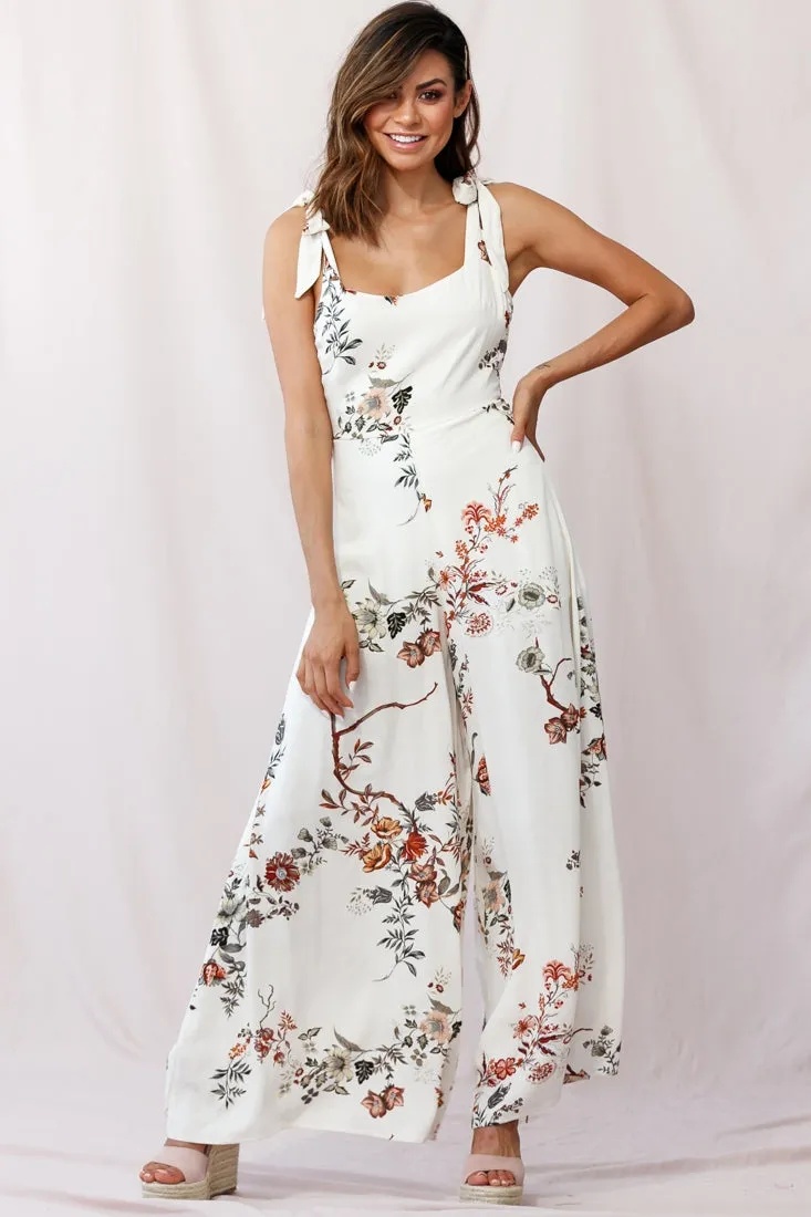 Therese Tied-Shoulder Wide Leg Jumpsuit Floral Print Beige