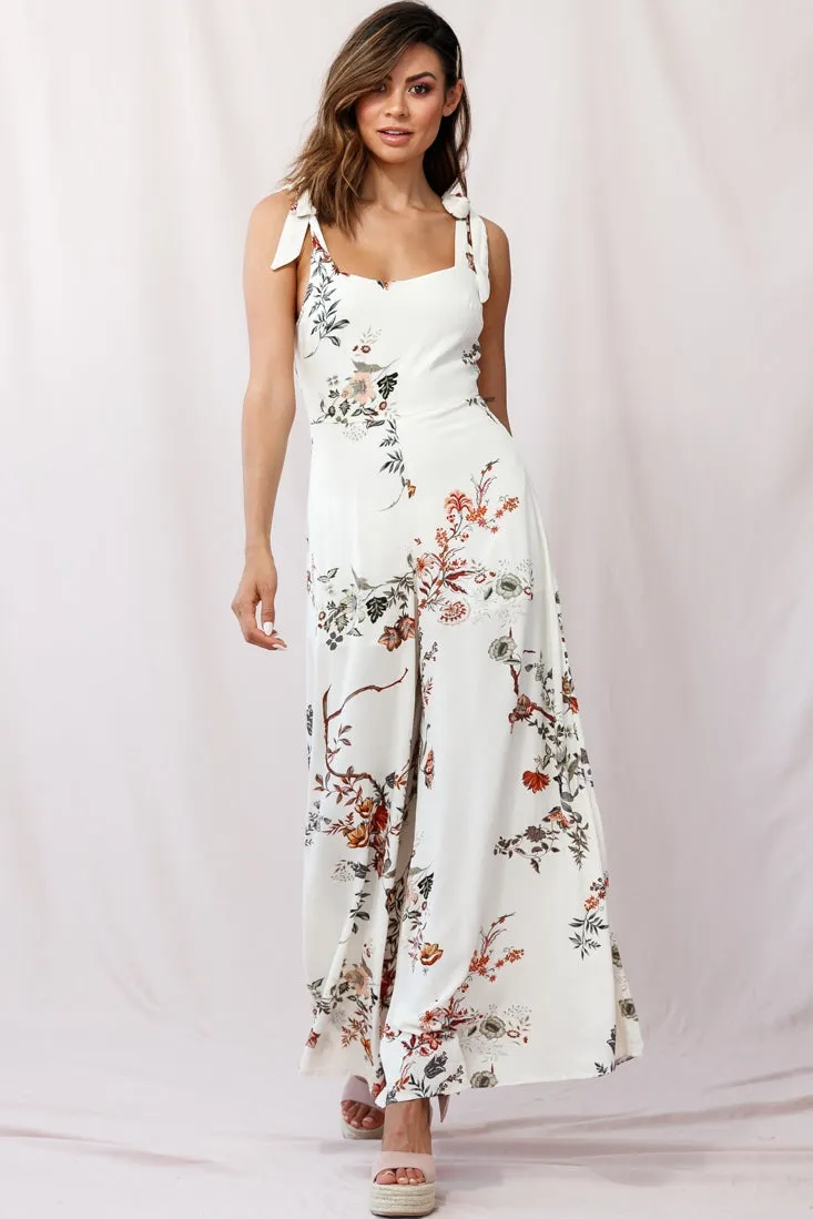 Therese Tied-Shoulder Wide Leg Jumpsuit Floral Print Beige