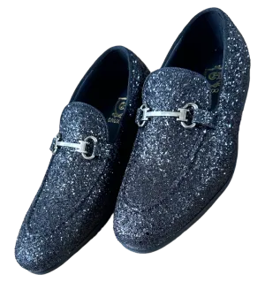 Trendy Glitter Men's Fashion Design Black Shoes Slip-On Sliver Buckle