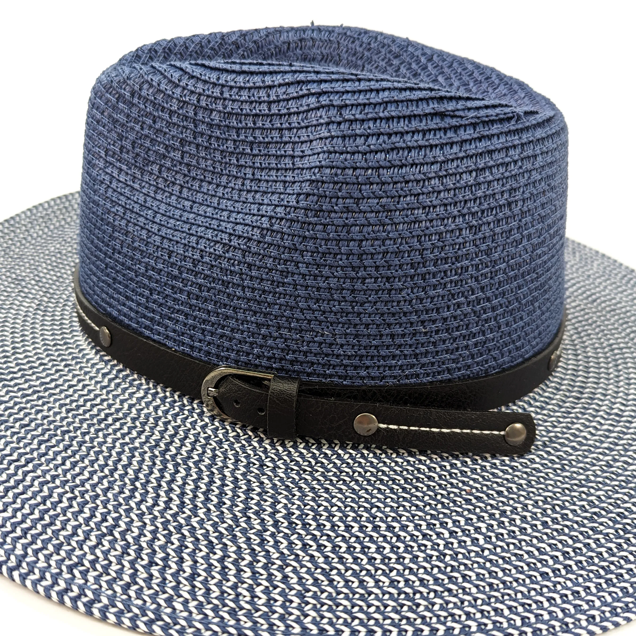 Two Tone Panama Foldable Hat - Mottled/Navy Blue with Belt (57cm)