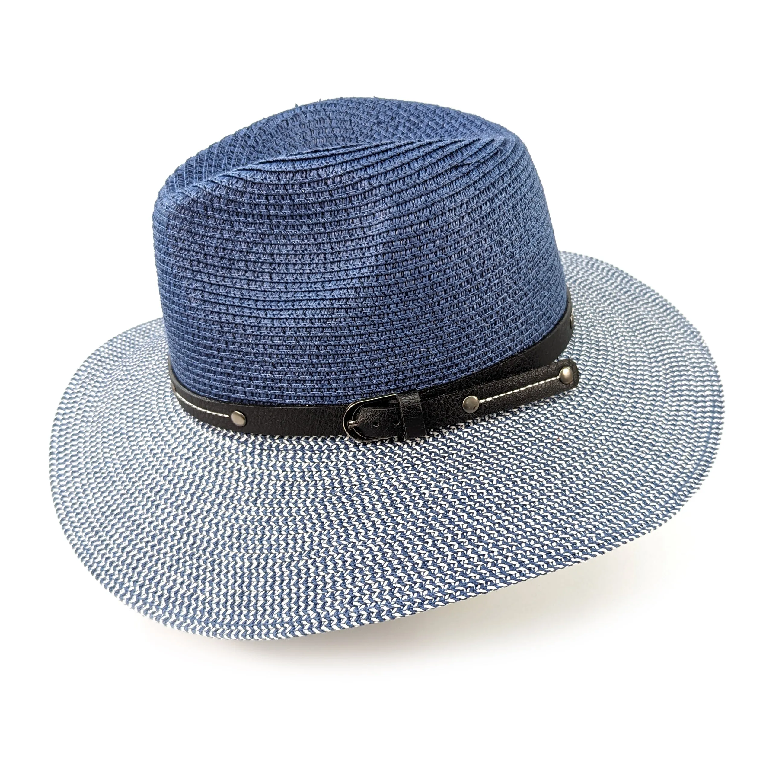 Two Tone Panama Foldable Hat - Mottled/Navy Blue with Belt (57cm)