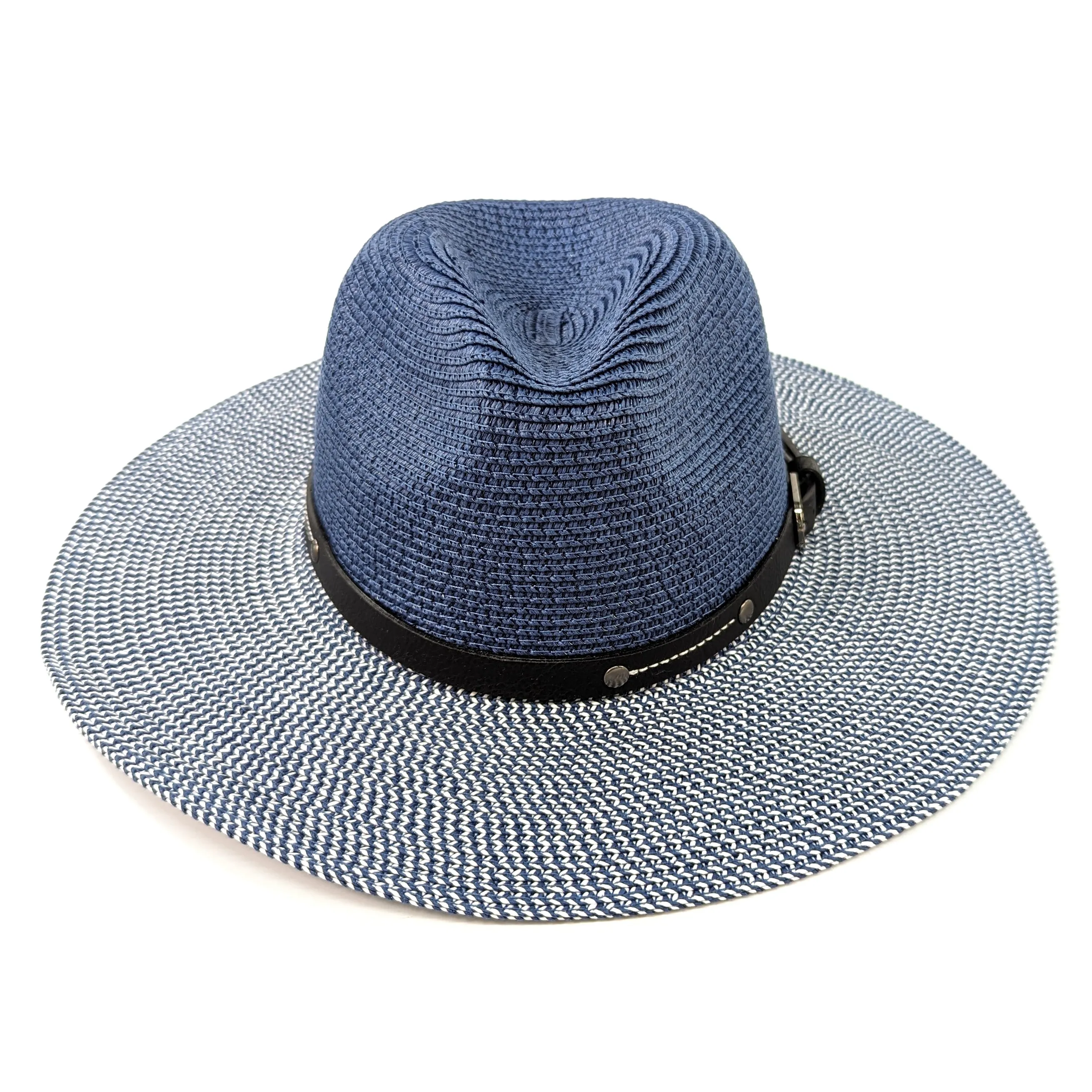 Two Tone Panama Foldable Hat - Mottled/Navy Blue with Belt (57cm)