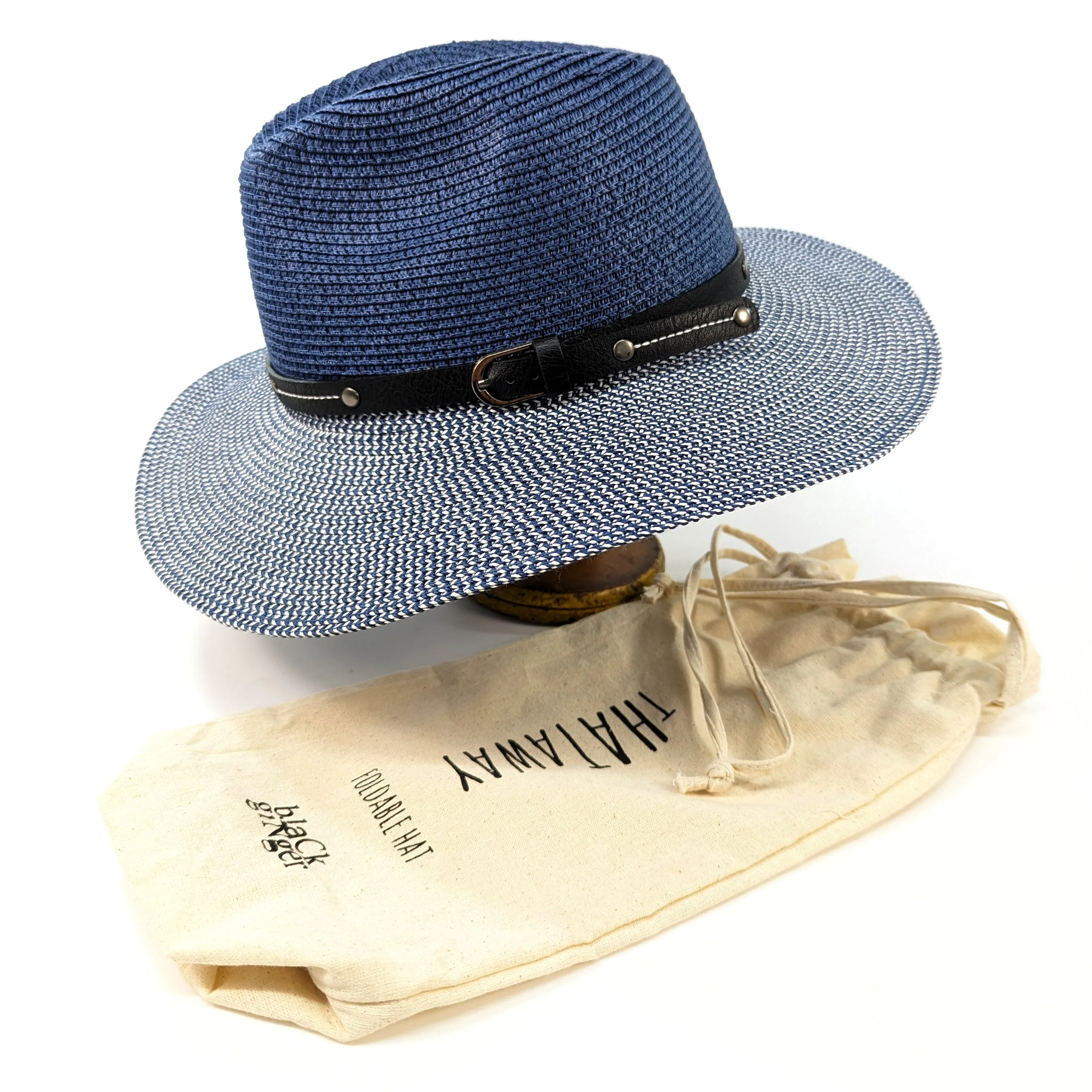 Two Tone Panama Foldable Hat - Mottled/Navy Blue with Belt (57cm)