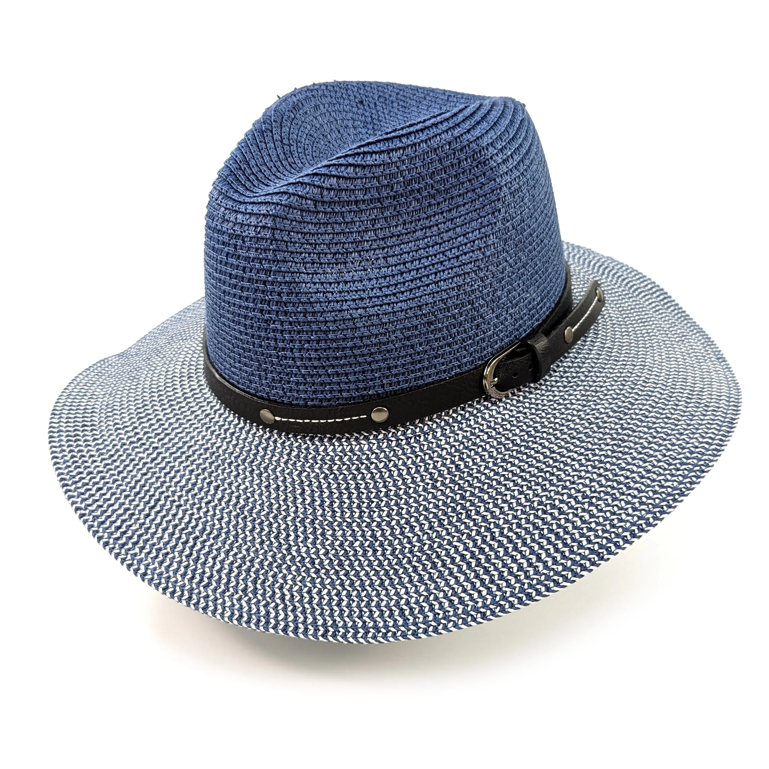 Two Tone Panama Foldable Hat - Mottled/Navy Blue with Belt (57cm)